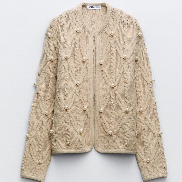 ZARA PEARL CABLE KNIT CARDIGAN - Picture 1 of 8
